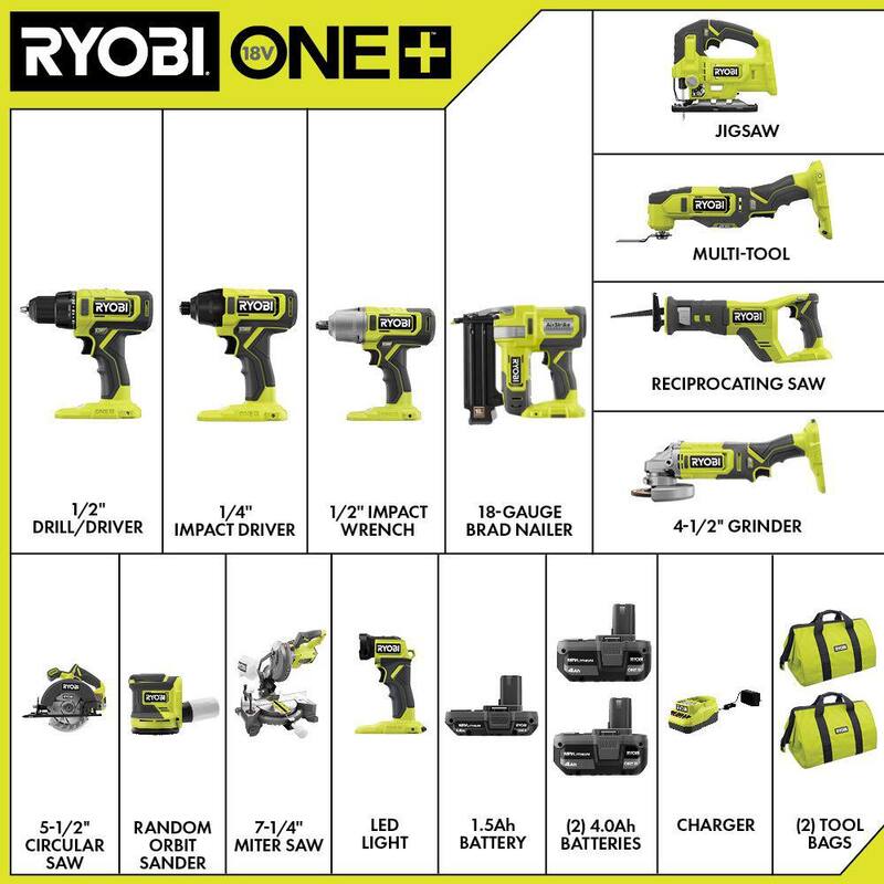 RYOBI ONE+ Juego de herramientas inalámbrico de 12 piezas de 18V con (1) batería de 1.5 Ah y (2) baterías de 4.0 Ah y cargador - PCL2200K3N