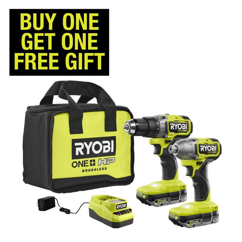 RYOBI ONE+ HP 18V Juego inalámbrico de taladro/driver y destornillador de impacto sin escobillas de 1/2 pulgada con (2) baterías de 2.0 Ah, cargador y bolsa - PBLCK01K