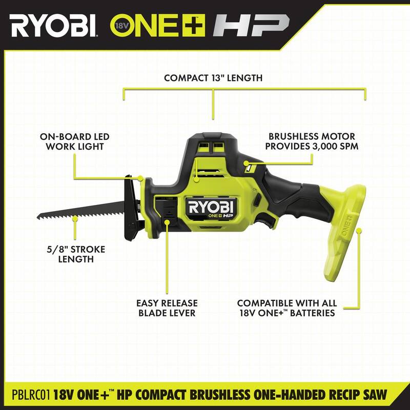 RYOBI ONE+ HP 18V Kit Compacto de Combo de 2 Herramientas sin Escobillas Inalámbrico con Taladro/Atornillador, Sierra Recíproca de Una Mano, Batería de 2 Ah y Cargador - PSBCK1221K1SB