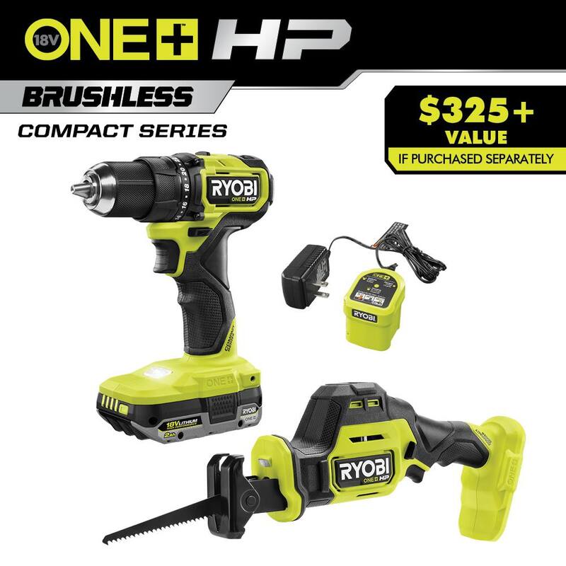 RYOBI ONE+ HP 18V Kit Compacto de Combo de 2 Herramientas sin Escobillas Inalámbrico con Taladro/Atornillador, Sierra Recíproca de Una Mano, Batería de 2 Ah y Cargador - PSBCK1221K1SB