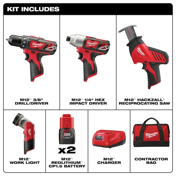Milwaukee Tool M12 Cordless LITHIUM-ION 4-Tool Combo Kit - 2498-24
