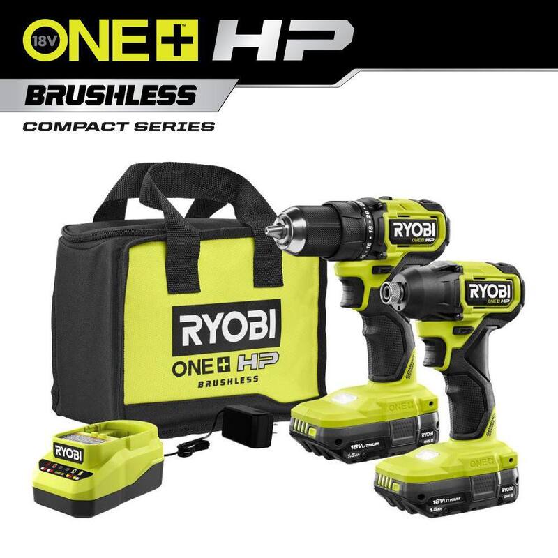 RYOBI ONE+ HP 18V Taladro inalámbrico compacto sin escobillas de 1/2 pulgadas y destornillador de impacto con kit de baterías de 1.5 Ah (2), cargador y bolsa - PSBCK102K2