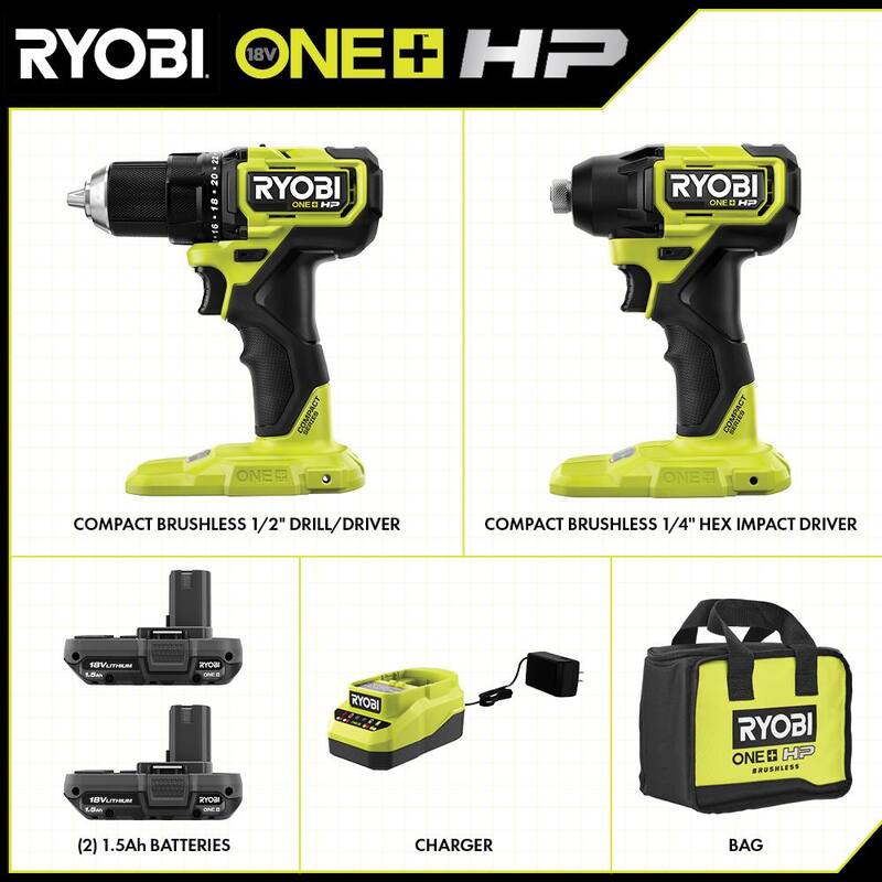 RYOBI ONE+ HP 18V Taladro inalámbrico compacto sin escobillas de 1/2 pulgadas y destornillador de impacto con kit de baterías de 1.5 Ah (2), cargador y bolsa - PSBCK102K2