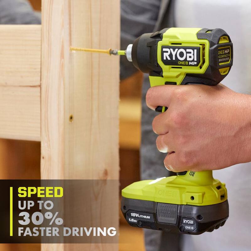 RYOBI ONE+ HP 18V Taladro inalámbrico compacto sin escobillas de 1/2 pulgadas y destornillador de impacto con kit de baterías de 1.5 Ah (2), cargador y bolsa - PSBCK102K2