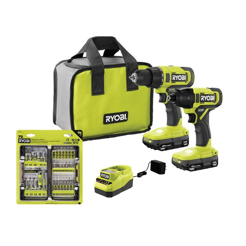 RYOBI ONE+ Kit Combo Inalámbrico de 2 Herramientas de 18V con Taladro/Atornillador, Impact Driver, (2) Baterías de 1.5 Ah, Cargador y Juego de 70 Piezas - PCL1200K2-AR2040