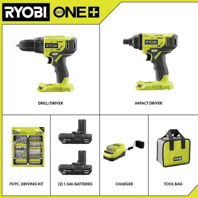 RYOBI ONE+ Kit Combo Inalámbrico de 2 Herramientas de 18V con Taladro/Atornillador, Impact Driver, (2) Baterías de 1.5 Ah, Cargador y Juego de 70 Piezas - PCL1200K2-AR2040