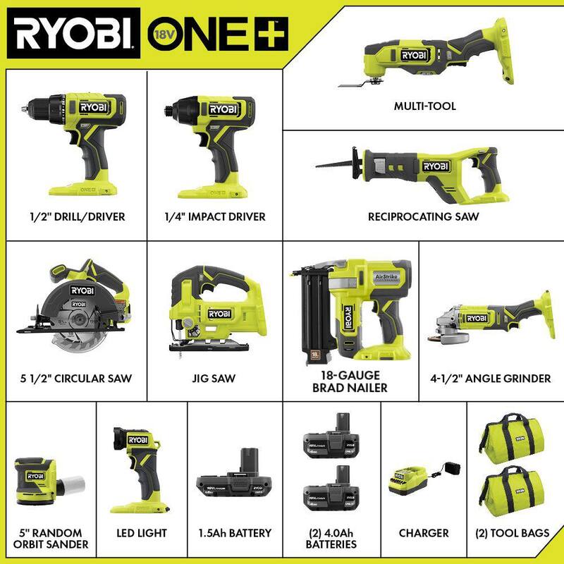 RYOBI ONE+ 18V Kit de Combo Inalámbrico de 10 Herramientas con (1) Batería de 1.5 Ah y (2) Baterías de 4.0 Ah y Cargador - PCL2001K3N