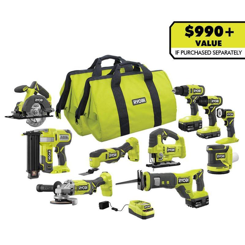 RYOBI ONE+ 18V Kit de Combo Inalámbrico de 10 Herramientas con (1) Batería de 1.5 Ah y (2) Baterías de 4.0 Ah y Cargador - PCL2001K3N