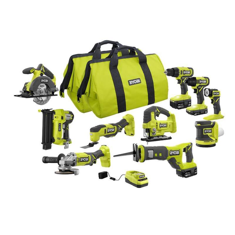 RYOBI ONE+ 18V Kit de Combo Inalámbrico de 10 Herramientas con (1) Batería de 1.5 Ah y (2) Baterías de 4.0 Ah y Cargador - PCL2001K3N