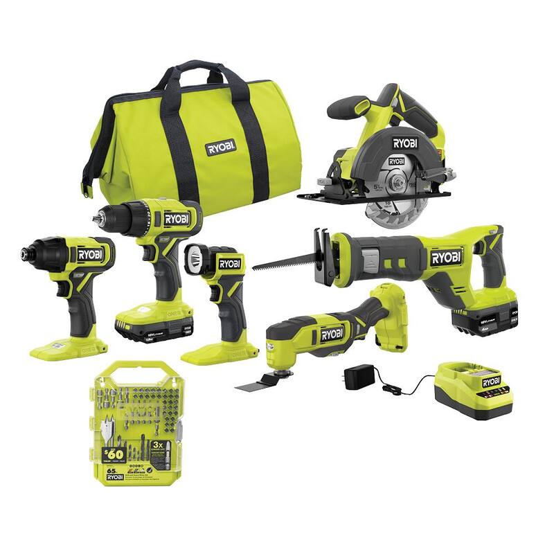 RYOBI ONE+ Kit de Combo Inalámbrico de 6 herramientas de 18V con baterías de 1.5 Ah y 4.0 Ah, cargador y estuche de herramientas de 65 piezas - PCL1600K2-A986501