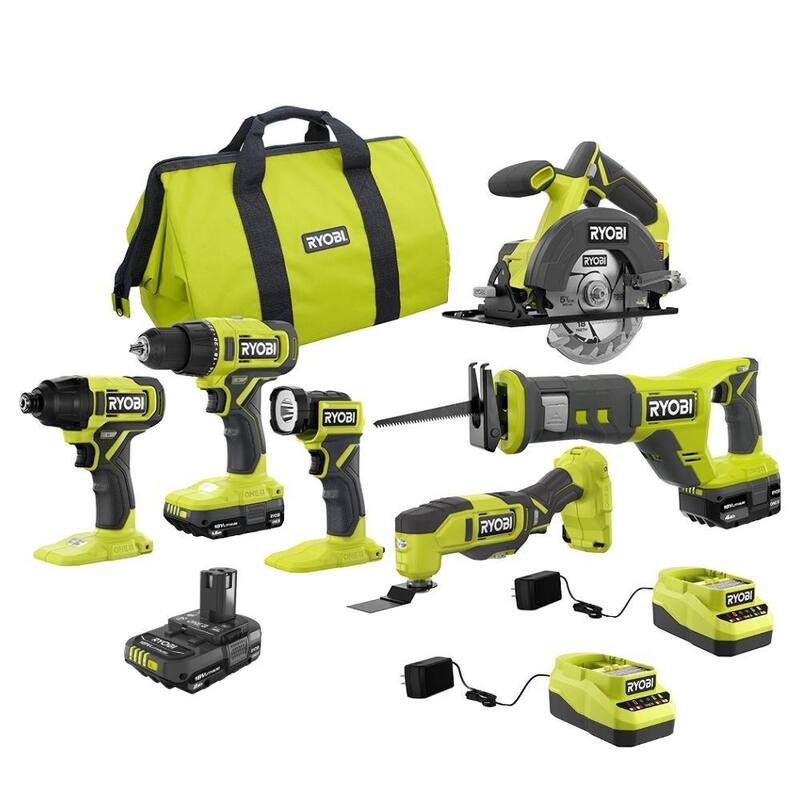 Kit combo inalámbrico de 6 herramientas RYOBI ONE+ 18V con batería de 1.5 Ah, batería de 4.0 Ah y cargador con batería de 2.0 Ah y cargador - PCL1600K2-PSK005