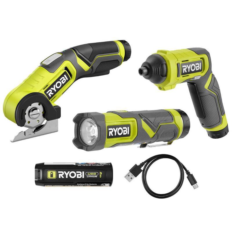 RYOBI USB Kit de Combo Inalámbrico de 3 Herramientas con Batería de 2.0 Ah y Cable de Carga - FVK101K1