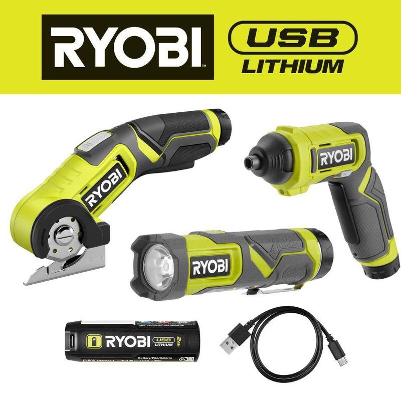 RYOBI USB Kit de Combo Inalámbrico de 3 Herramientas con Batería de 2.0 Ah y Cable de Carga - FVK101K1