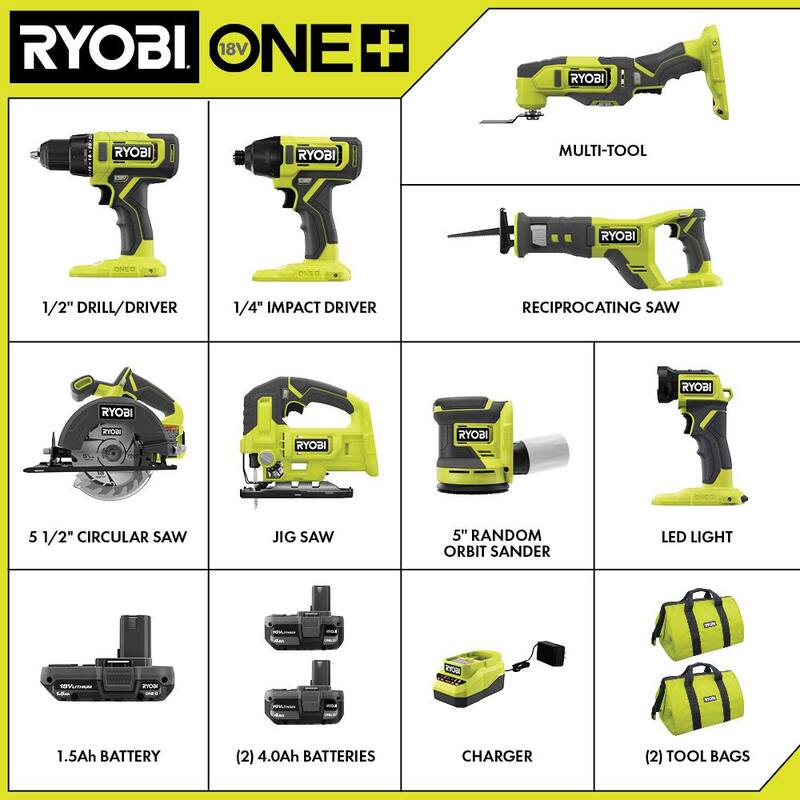 RYOBI ONE+ 18V Juego de Herramientas inalámbricas de 8 piezas con (1) batería de 1.5 Ah y (2) baterías de 4.0 Ah y cargador - PCL1800K3N