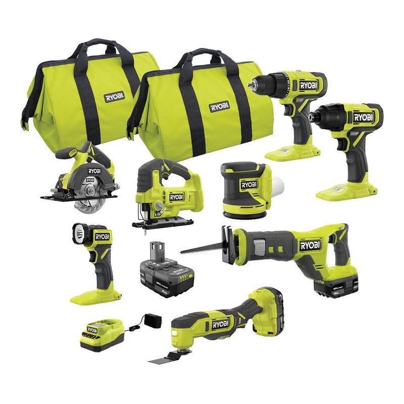 RYOBI ONE+ 18V Juego de Herramientas inalámbricas de 8 piezas con (1) batería de 1.5 Ah y (2) baterías de 4.0 Ah y cargador - PCL1800K3N