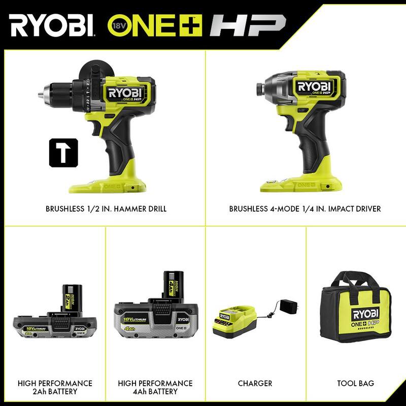 RYOBI ONE+ HP 18V Taladro de percusión inalámbrico Brushless de 1/2 pulg. y Juego de destornillador de impacto de 1/4 pulg. con 4 modos con (2) baterías, cargador y bolsa - PBLCK02K