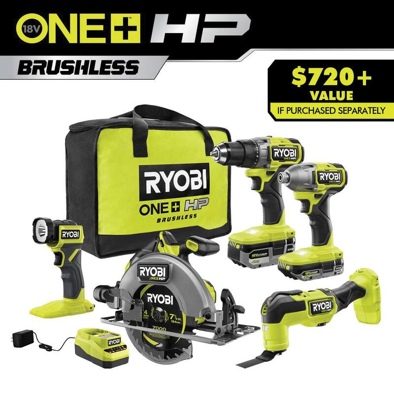 RYOBI ONE+ HP 18V Juego de Combo Inalámbrico sin Escobillas de 5 Herramientas con Baterías de Alto Rendimiento de 4.0 Ah y 2.0 Ah, Cargador y Bolsa - PBLCK105K2
