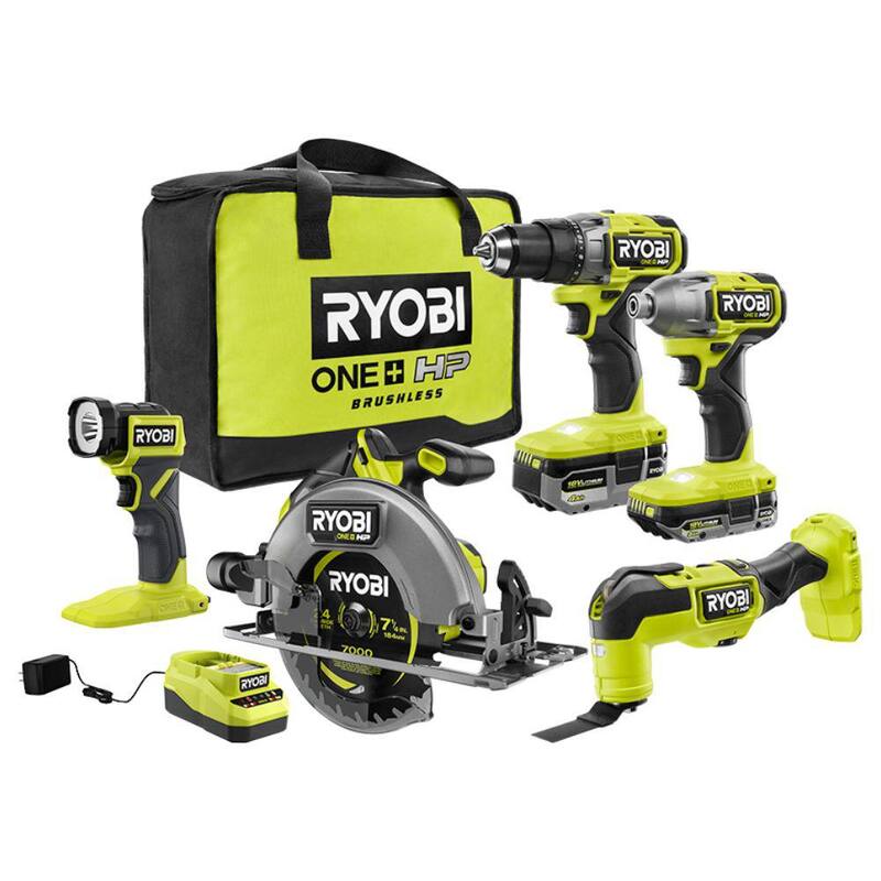 RYOBI ONE+ HP 18V Juego de Combo Inalámbrico sin Escobillas de 5 Herramientas con Baterías de Alto Rendimiento de 4.0 Ah y 2.0 Ah, Cargador y Bolsa - PBLCK105K2