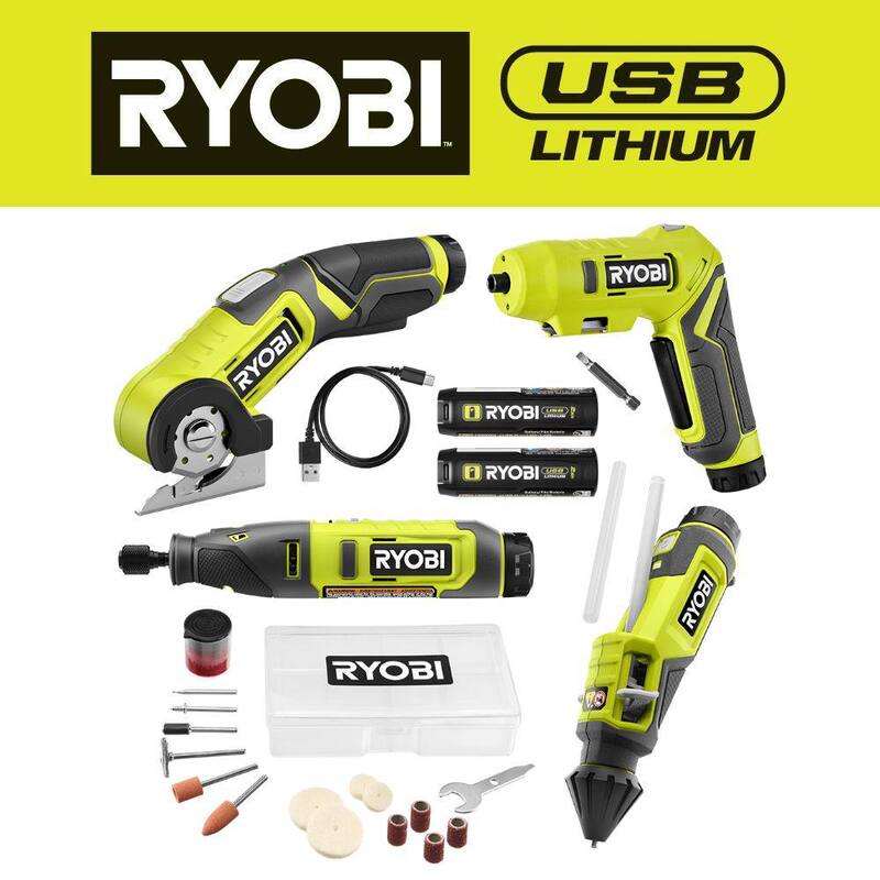 RYOBI USB Kit Combo de 4 herramientas con destornillador, pluma de pegamento, herramienta rotativa, cortador de energía, (2) baterías y cargador - FVK102K2