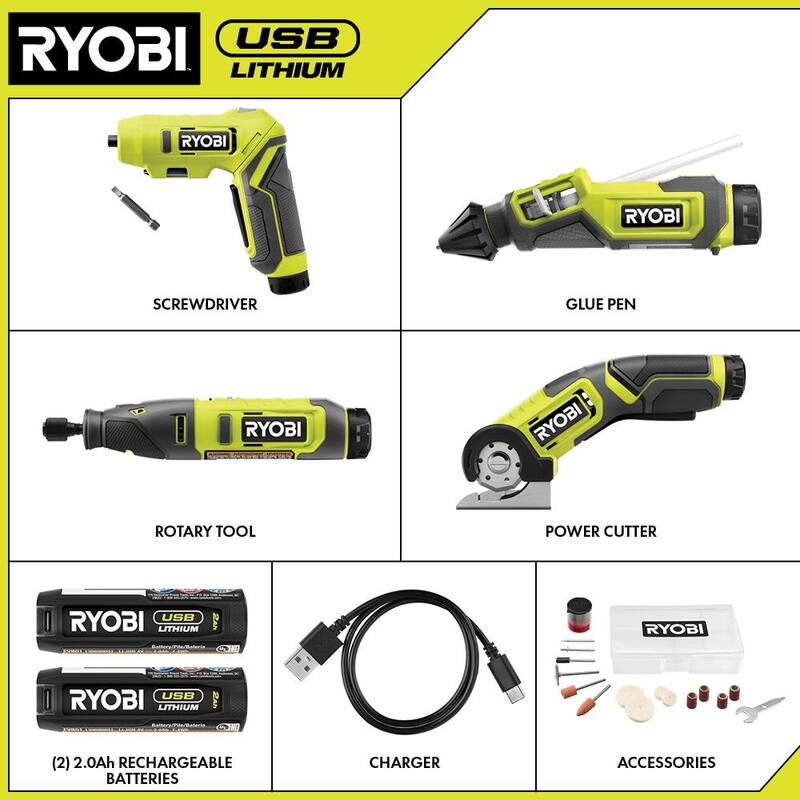 RYOBI USB Kit Combo de 4 herramientas con destornillador, pluma de pegamento, herramienta rotativa, cortador de energía, (2) baterías y cargador - FVK102K2