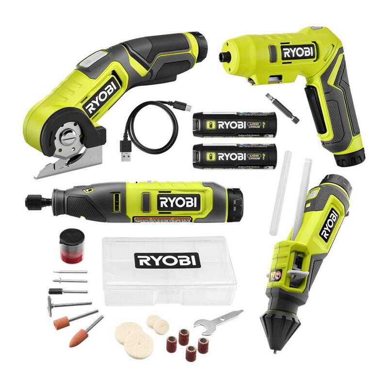 RYOBI USB Kit Combo de 4 herramientas con destornillador, pluma de pegamento, herramienta rotativa, cortador de energía, (2) baterías y cargador - FVK102K2