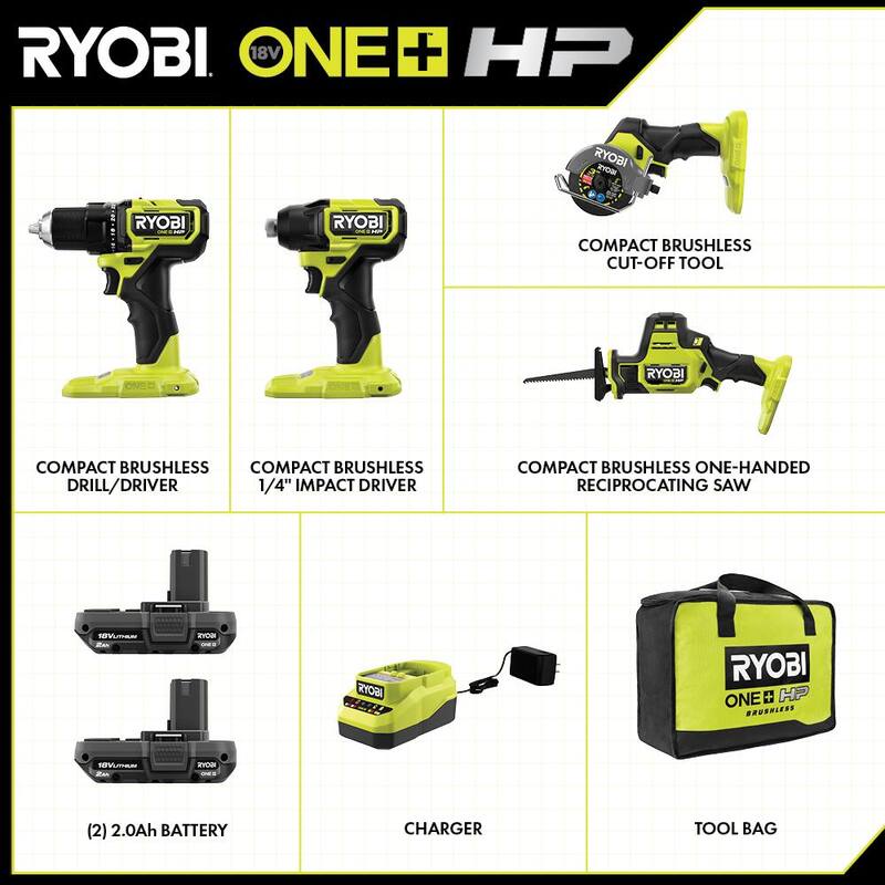 RYOBI ONE+ HP 18V Brushless Cordless Compact 4-Tool Combo Kit with (2) 2.0 Ah Batteries, Charger, and Bag - PSBCK104K2

Kit de combinación compacto de 4 herramientas inalámbricas Brushless de 18V RYOBI ONE+ HP con (2) baterías de 2.0 Ah, cargador y bolsa - PSBCK104K2