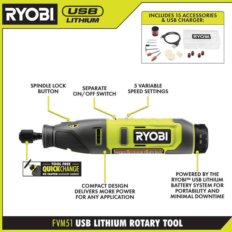RYOBI USB LITHIUM 2-Tool Combo Kit con Herramientas para Tallar Calabazas - FVH101K2SB