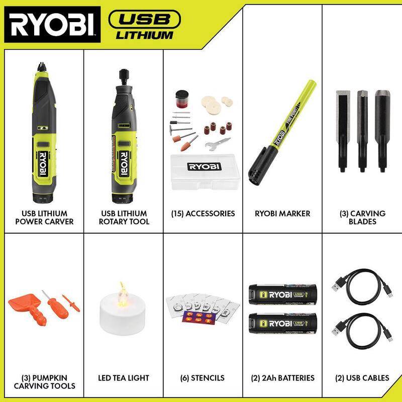 RYOBI USB LITHIUM 2-Tool Combo Kit con Herramientas para Tallar Calabazas - FVH101K2SB