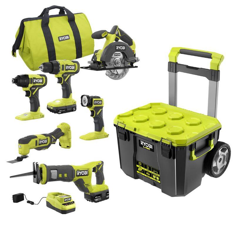 RYOBI ONE+ 18V Kit Combo de 6 herramientas inalámbricas con batería de 1.5 Ah, batería de 4.0 Ah, cargador y caja de herramientas rodante LINK - PCL1600K2-STM201