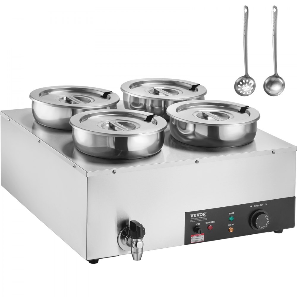 VEVOR Electric Soup Warmer, Four 7.4QT Stainless Steel Round Pot 86~185°F Adjustable Temp, 1500W Commercial Bain Marie with Anti-dry Burn and Reset Button, Soup Station for Restaurant, Buffet, Silver - BW474QT1500W4FX59V1