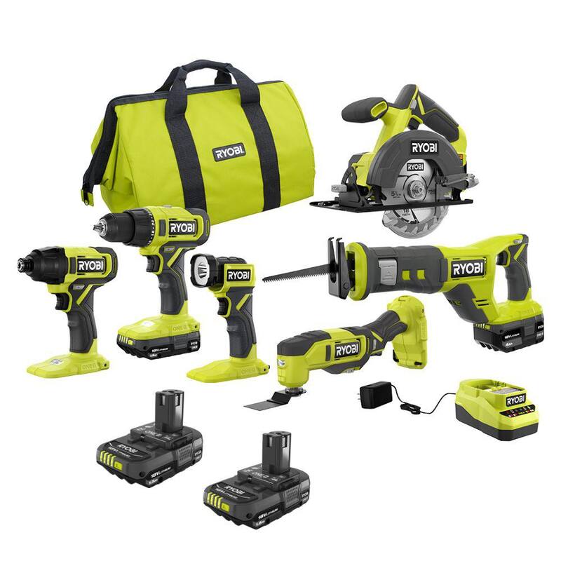 RYOBI ONE+ 18V Kit Combo de 6 herramientas inalámbricas con batería de 1.5 Ah, batería de 4.0 Ah, cargador y batería de 2.0 Ah (paquete de 2) - PCL1600K2-PBP2006