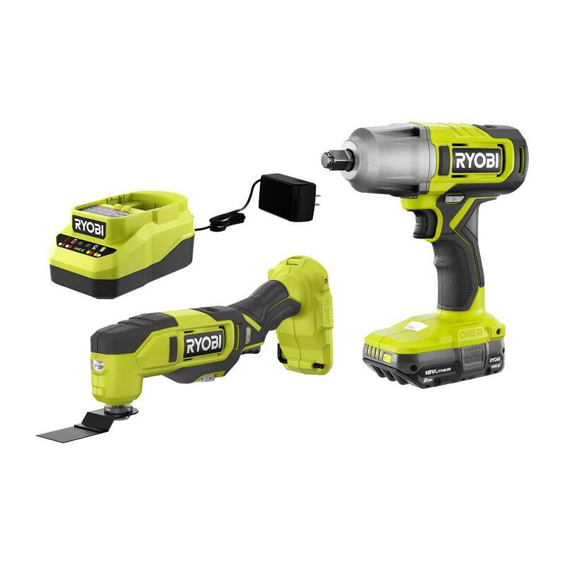 RYOBI ONE+ 18V Kit de combo inalámbrico de 2 herramientas con llave de impacto de 1/2 pulgadas, multiherramienta, batería de 2.0 Ah y cargador - PCL1218K1