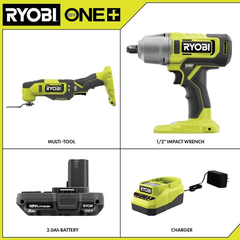 RYOBI ONE+ 18V Kit de combo inalámbrico de 2 herramientas con llave de impacto de 1/2 pulgadas, multiherramienta, batería de 2.0 Ah y cargador - PCL1218K1