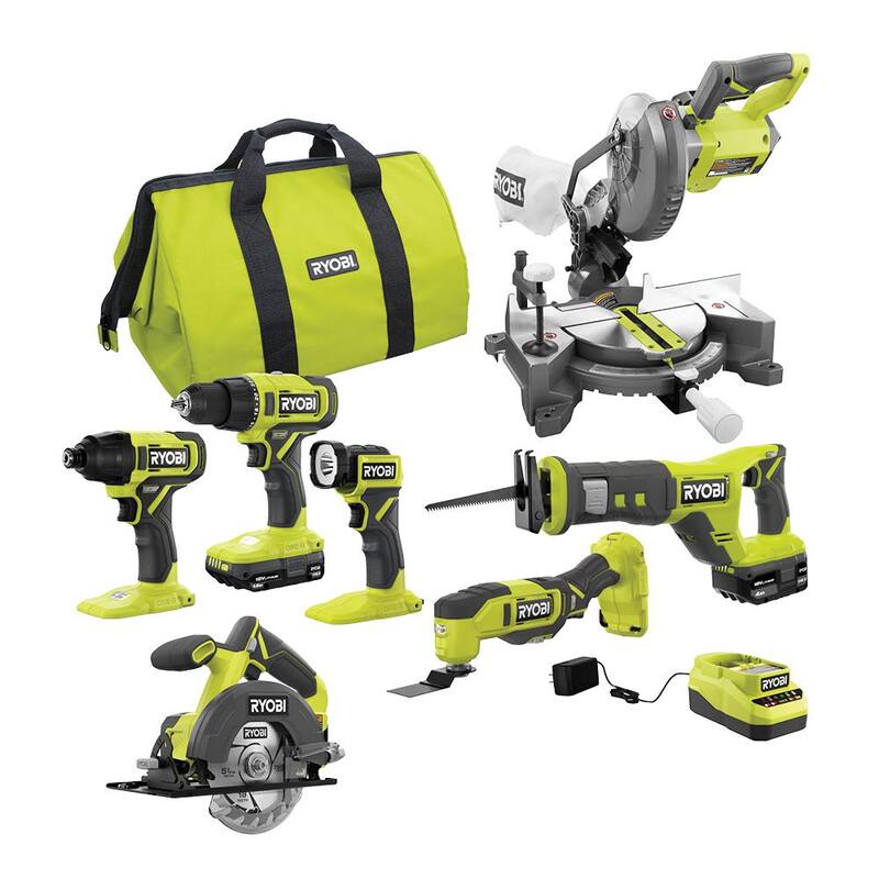RYOBI ONE+ 18V Combo de 6 herramientas inalámbricas con baterías de 1.5 Ah y 4.0 Ah, cargador y sierra ingletadora - PCL1600K2-P553