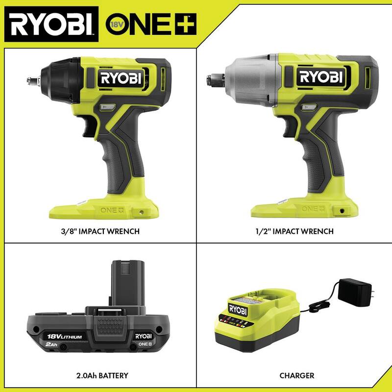 RYOBI ONE+ 18V Kit de Combo Inalámbrico de 2 Herramientas con Llave de Impacto de 1/2 pulg., Llave de Impacto de 3/8 pulg., Batería de 2.0 Ah y Cargador - PCL1217K1