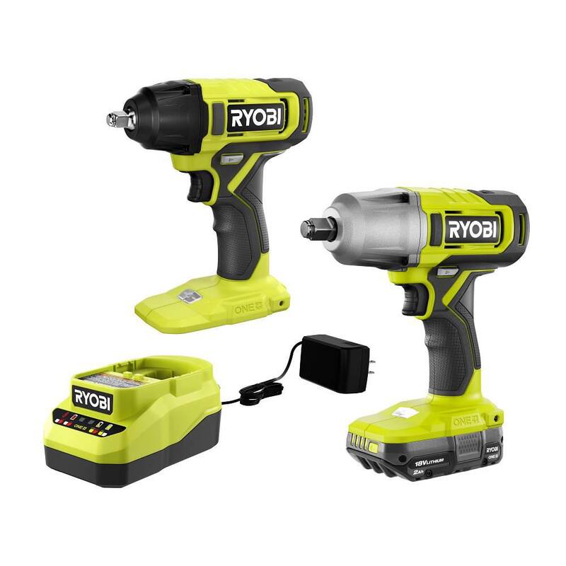 RYOBI ONE+ 18V Kit de Combo Inalámbrico de 2 Herramientas con Llave de Impacto de 1/2 pulg., Llave de Impacto de 3/8 pulg., Batería de 2.0 Ah y Cargador - PCL1217K1