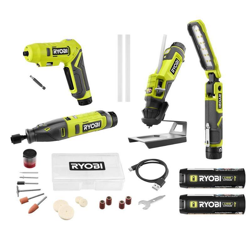 RYOBI Kit de Proyecto USB de Litio con Herramienta Rotativa, Luz de Inspección, Destornillador, Pluma de Pegamento, (2) Baterías de 2 Ah y Cable de Carga - FVK100K2
