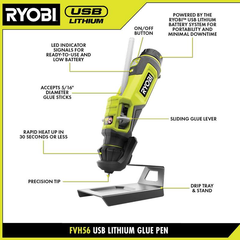 RYOBI Kit de Proyecto USB de Litio con Herramienta Rotativa, Luz de Inspección, Destornillador, Pluma de Pegamento, (2) Baterías de 2 Ah y Cable de Carga - FVK100K2