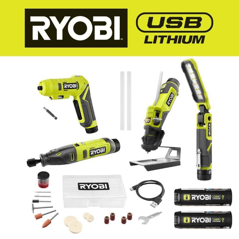 RYOBI Kit de Proyecto USB de Litio con Herramienta Rotativa, Luz de Inspección, Destornillador, Pluma de Pegamento, (2) Baterías de 2 Ah y Cable de Carga - FVK100K2