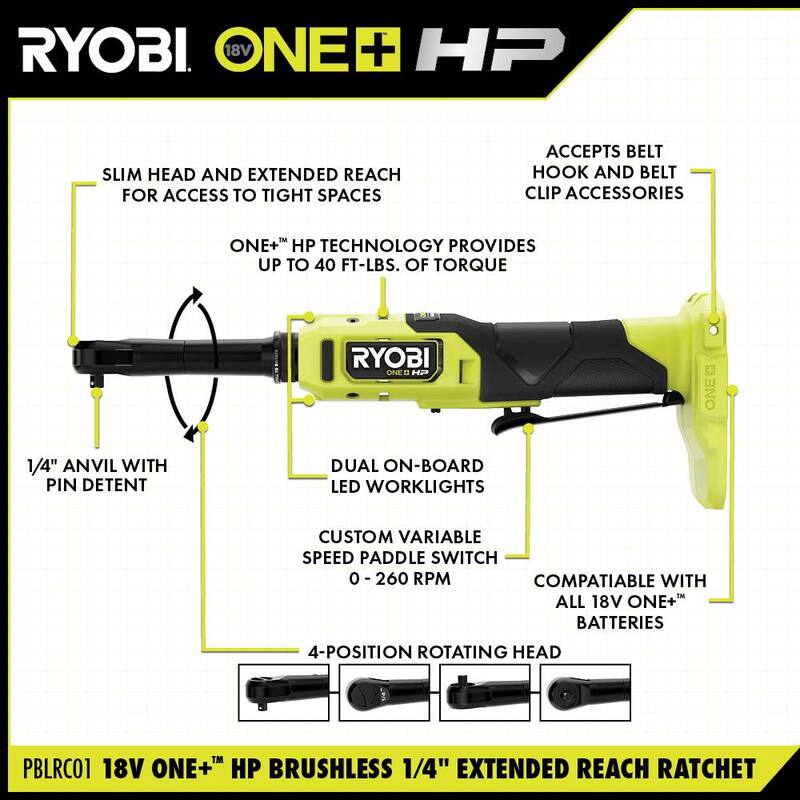 RYOBI ONE+ 18V Brushless Cordless 2-Tool Combo Kit con trinquete de alcance extendido de 1/4 de pulgada y trinquete de alcance extendido de 3/8 de pulgada (solo herramientas) - PBLRC01B-PBLRC25B