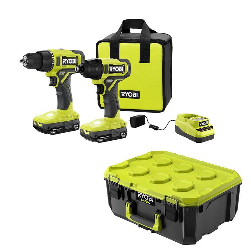RYOBI ONE+ Kit de Combo Inalámbrico de 2 Herramientas de 18V con Taladro/Atornillador, Impact Driver, (2) Baterías de 1.5 Ah, Cargador y caja de herramientas LINK de tamaño Mediano - PCL1200K2-STM102
