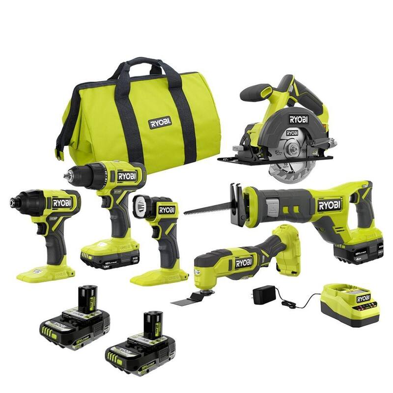 RYOBI ONE+ 18V Juego de herramientas inalámbricas de 6 piezas con batería de 1.5 Ah, batería de 4.0 Ah y cargador con (2) baterías de alto rendimiento de 2.0 Ah - PCL1600K2-PBP2003
