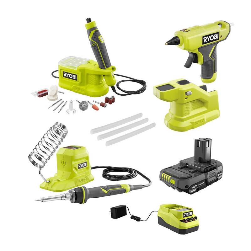 Kit de herramientas Hobby inalámbrico de 18V RYOBI ONE+ con Pistola de Pegamento Compacta, Soldadora, Herramienta Rotativa, Batería de 1.5 Ah y Cargador - PCL1305K1N