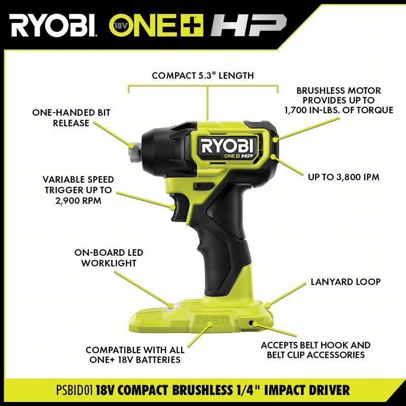 RYOBI ONE+ HP 18V Brushless Cordless Compact 4-Tool Combo Kit con (2) baterías de 1.5 Ah, cargador y bolsa - PSBCK01K-PSBRA02B-PSBIW01B