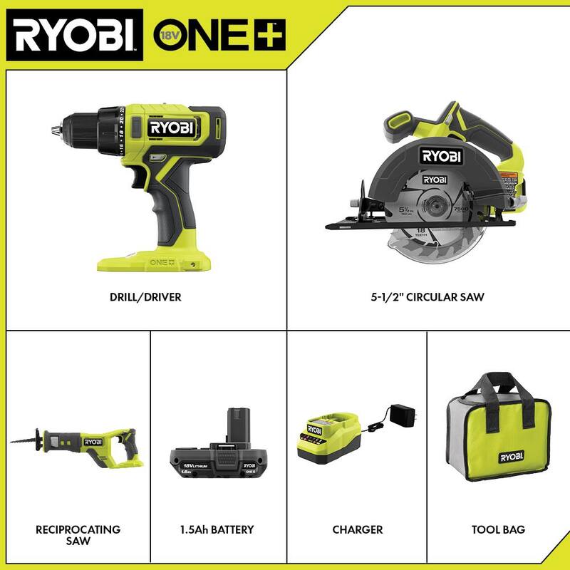 RYOBI ONE+ 18V Combo de Herramientas Inalámbricas de 2 Piezas con Taladro/Atornillador, Sierra Circular, (2) Baterías de 1.5 Ah, Cargador y Sierra Recíproca - PCL1201K2-PCL515B