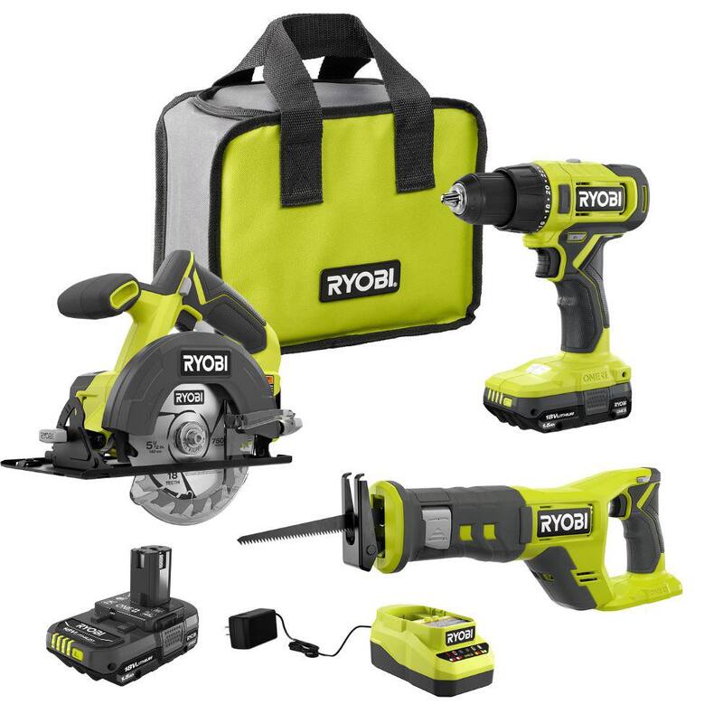RYOBI ONE+ 18V Combo de Herramientas Inalámbricas de 2 Piezas con Taladro/Atornillador, Sierra Circular, (2) Baterías de 1.5 Ah, Cargador y Sierra Recíproca - PCL1201K2-PCL515B
