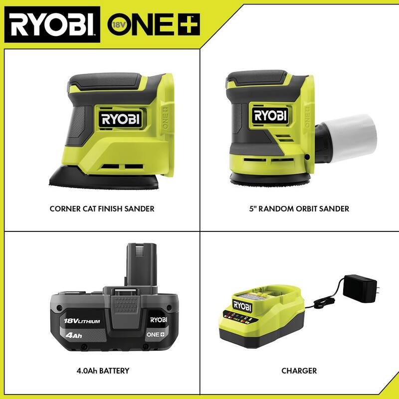 RYOBI ONE+ 18V Cordless 2-Tool Combo Kit con Corner Cat Finish Sander, Lijadora de Órbita Aleatoria de 5 pulgadas, Batería de 4.0 Ah y Cargador - PCL416K1-PCL406B