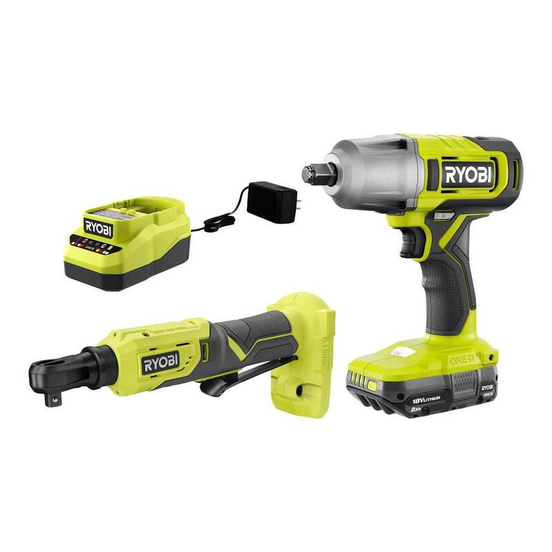RYOBI ONE+ Juego de Combo Inalámbrico de 2 Herramientas de 18V con Llave de Impacto de 1/2 pulgadas, Carraca de 4 Posiciones de 3/8 pulgadas, Batería de 2.0 Ah y Cargador - PCL1215K1