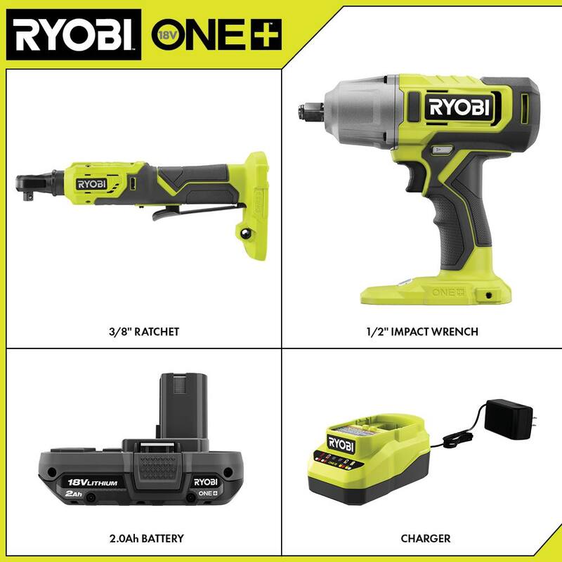 RYOBI ONE+ Juego de Combo Inalámbrico de 2 Herramientas de 18V con Llave de Impacto de 1/2 pulgadas, Carraca de 4 Posiciones de 3/8 pulgadas, Batería de 2.0 Ah y Cargador - PCL1215K1