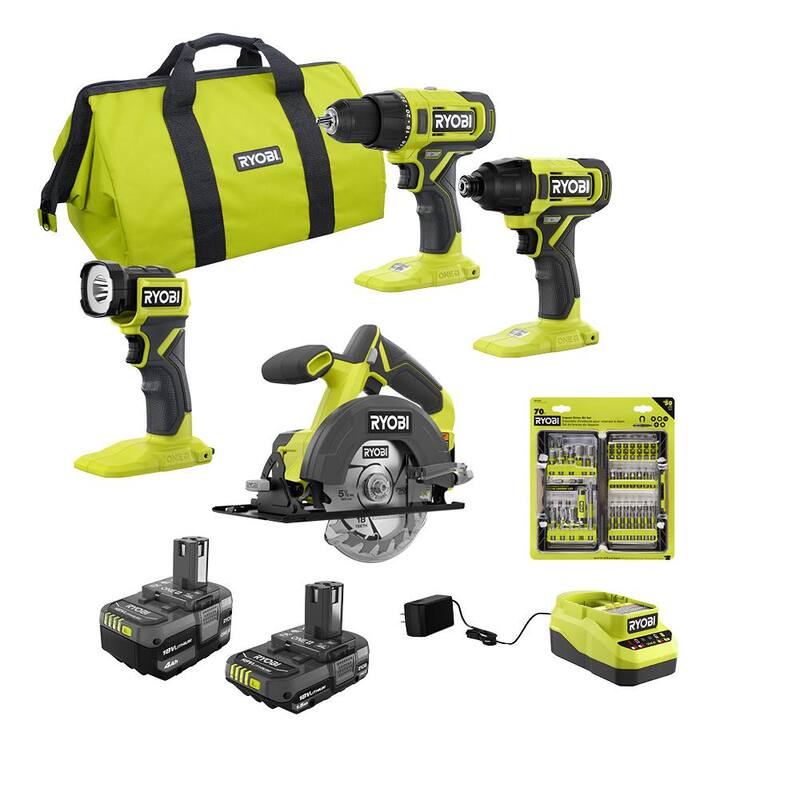 RYOBI ONE+ 18V Combo de 4 herramientas inalámbricas con batería de 4.0 Ah, batería de 1.5 Ah, cargador y kit de accesorios para atornillar de alta resistencia (70 piezas) - PCL1400K2-AR2040